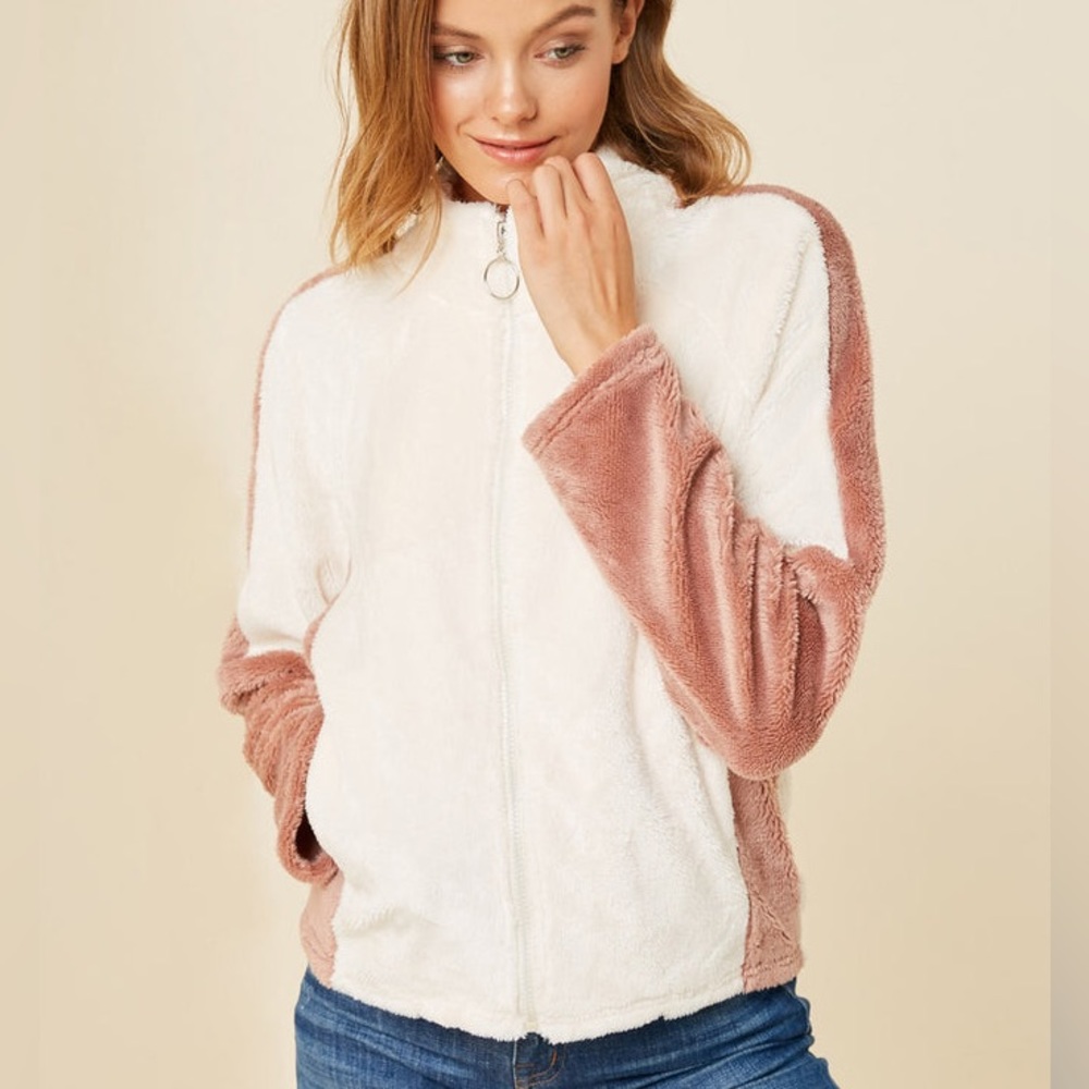 NWT Hayden LA Colorblock Full Zip Fleece Jacket Size Small Cream & Pink